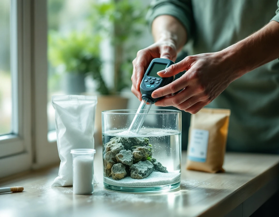 Hands testing salinity with a refractometer on a newly set up, not-yet-cycled reef tank.