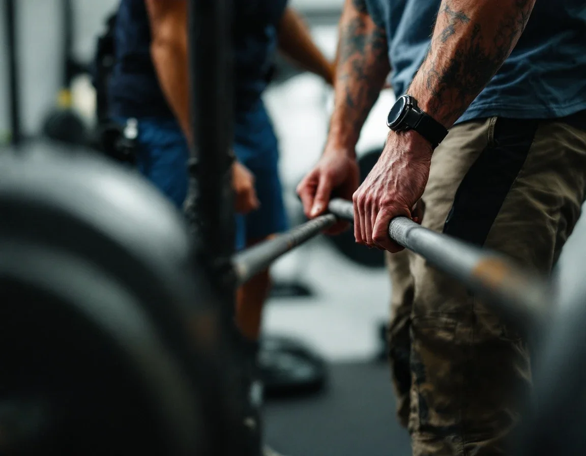 Someone sets up a barbell in a small private gym while a Guide checks the plates.