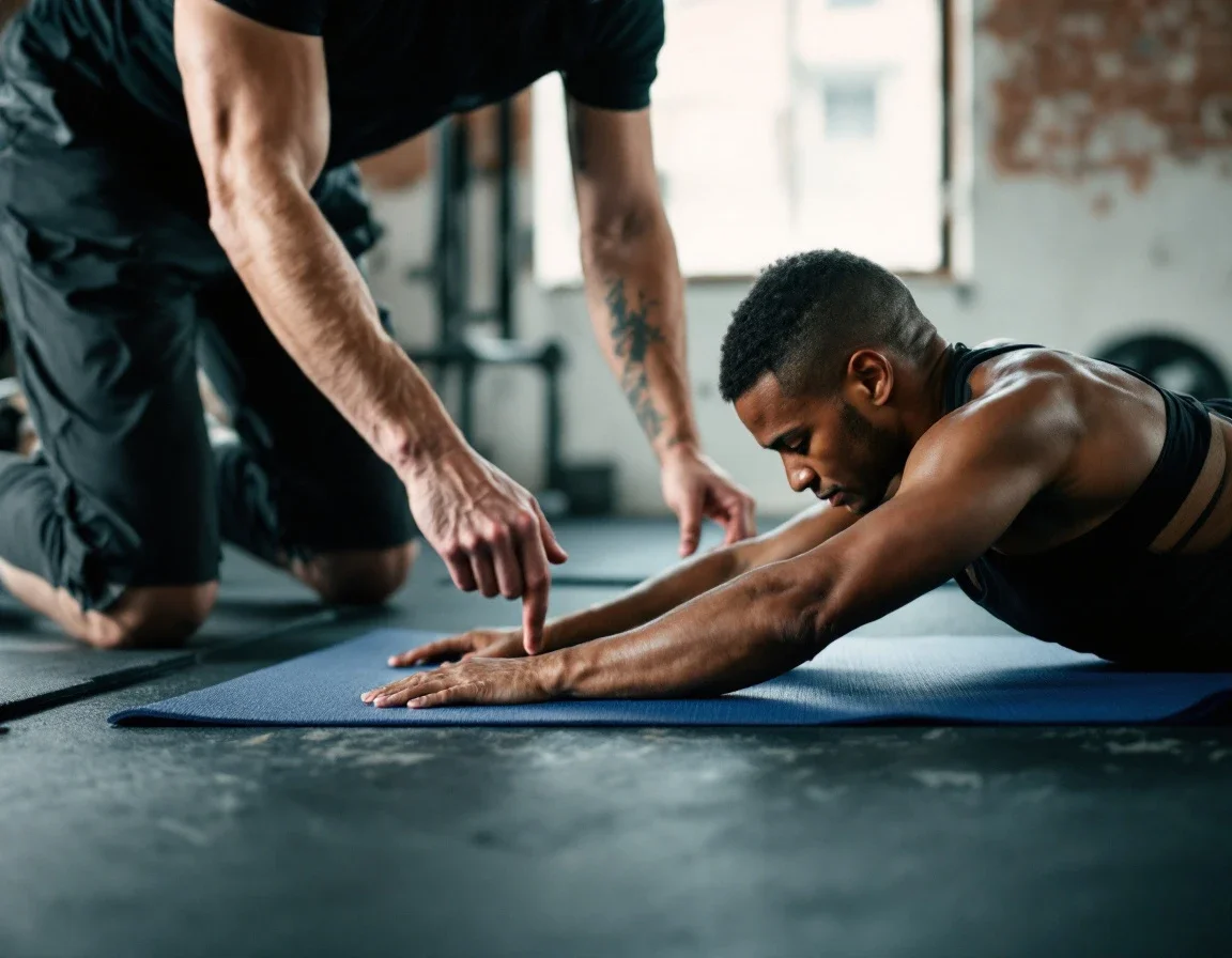 A trainer kneels beside a man stretching on a mat in a gym.