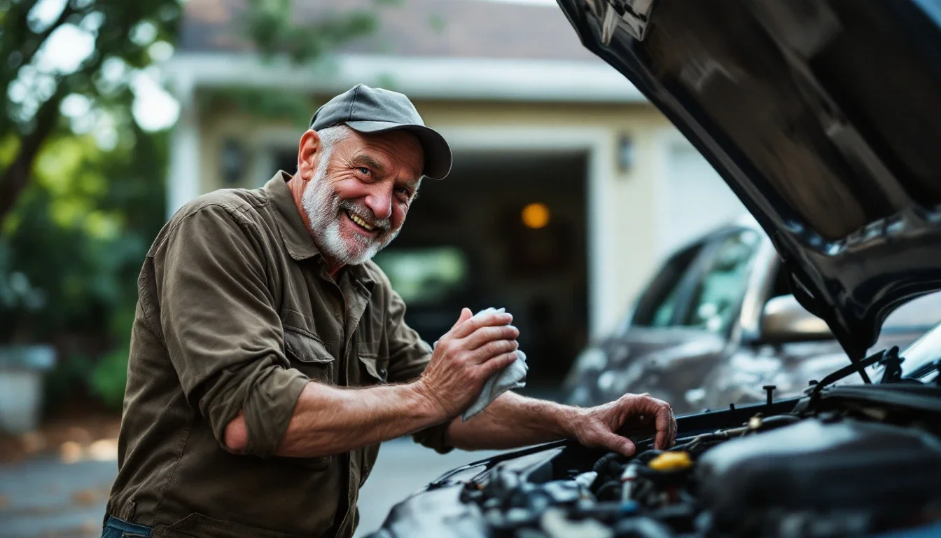 A smiling mechanic leans over an open car hood in a driveway.