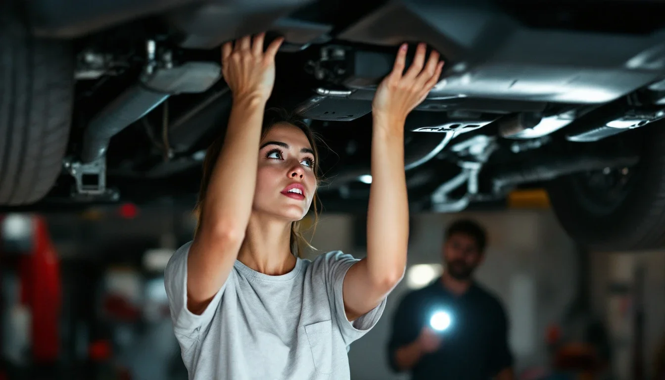 A young woman works under a car on a lift while a mechanic stands beside her.