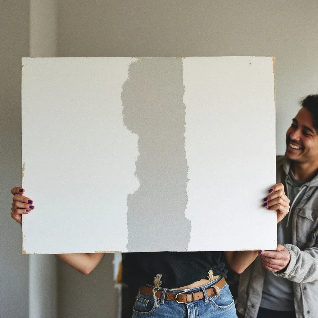 A woman holds up a finished drywall patch while her Guide smiles beside her.