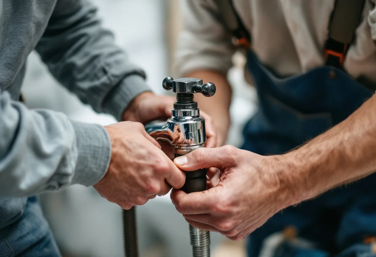 A homeowner tightens a faucet nut while a plumber steadies the pipe.