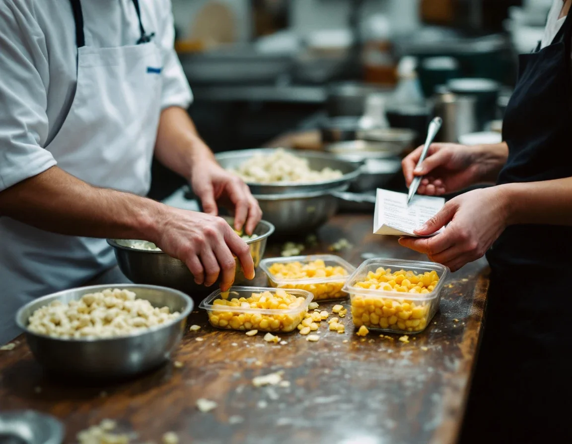 Someone portions food into containers in a commercial kitchen while a Guide checks a recipe.